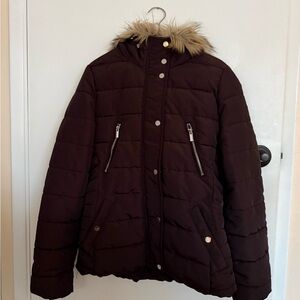 H&M Women's Puffer Jacket with Fur Trim - Dark Burgundy